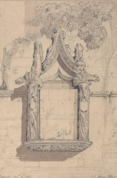 Skulptur på ett hus på norra sidan av katedralen i Bayeux av John Sell Cotman