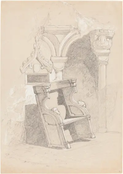 Skiss av kyrkoruin med stol av John Sell Cotman