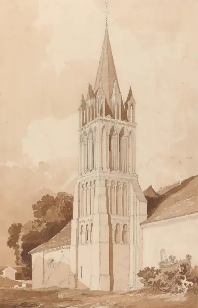Sydöstlig vy av kyrkan i Ifs, nära Caen, Normandie av John Sell Cotman