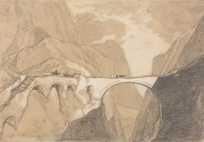 Resenärer korsar en bro över en alpkluft av John Sell Cotman