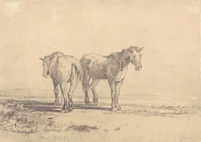 Två gamla hästar på ett fält av John Sell Cotman