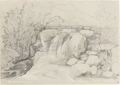 Vattenfall med klippor av John Sell Cotman