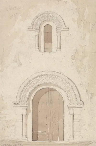 Västlig dörröppning och fönster i kyrkan i Ham nära Valognes, Normandie av John Sell Cotman