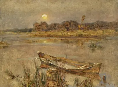 A River Landscape with a Boat av Julius Sergius Klever