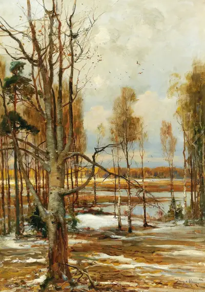 An early spring landscape with a beech tree in the foreground av Julius Sergius Klever