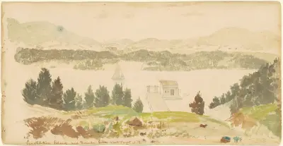 Constitution Island och gjuteriet från West Point, New York av Seth Eastman