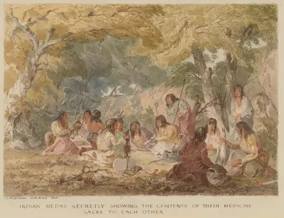 Indian Medas Secretly Showing the Contents of their Medicine Sacks to Each Other av Seth Eastman