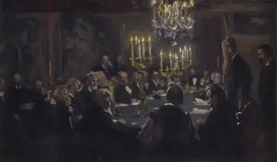 Kompositionsskitse til ‘Et Møde i Videnskabernes Selskab’ i Videnskabernes Selskab av Peder Severin Krøyer