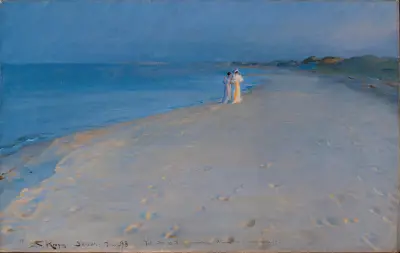 Summer evening at the South beach, Skagen. Anna Ancher and Marie Krøyer (study) av Peder Severin Krøyer