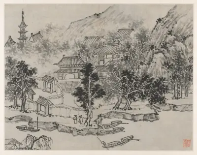 Distant View of Tiger Hill from the Canal Mooring, from Twelve Views of Tiger Hill, Suzhou av Shen Zhou