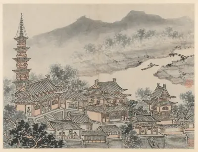 The Thousand Buddha Hall and the Pagoda of the ‘Cloudy Cliff’ Monastery av Shen Zhou