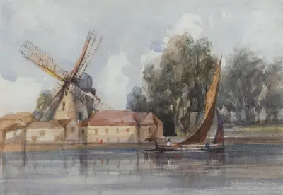 A Wherry Passing A Windmill And Farm Buildings av Thomas Shotter Boys