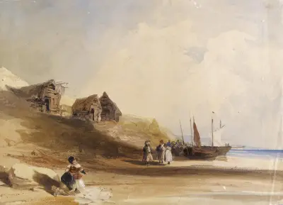 French coastal scene wtih figures, boats and fishing shacks av Thomas Shotter Boys