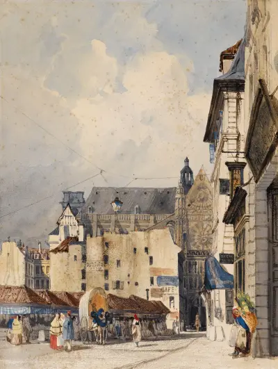 La rue des Prouvaires et l’église Saint-Eustache av Thomas Shotter Boys
