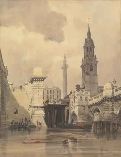 Kyrkan St Magnus the Martyr vid London Bridge med Monumentet i bakgrunden av Thomas Shotter Boys