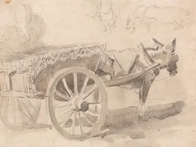 A Mule or Donkey, Harnessed to a Farm Cart, with Other Sketches at Top, Executed at or Near Canterbury, c. 1835 av Thomas Sidney Cooper