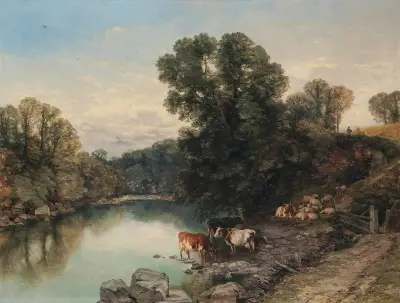 Cattle And Sheep At The River’s Edge av Thomas Sidney Cooper
