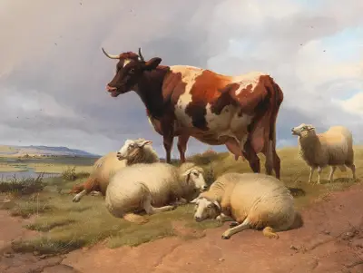 Cattle and sheep in a meadow in a vast landscape av Thomas Sidney Cooper