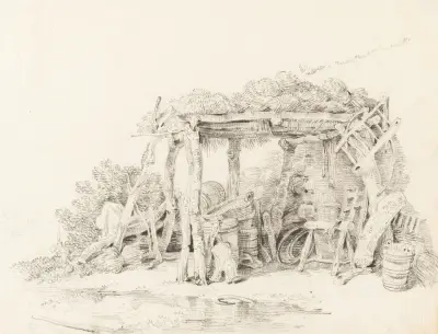 Vue d’un abri avec les outils d’une ferme av Sigmund Freudenberger