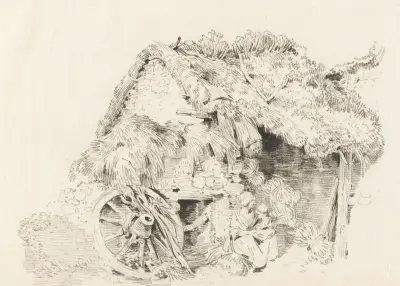 Vue d’une maison avec un toit de chaume av Sigmund Freudenberger
