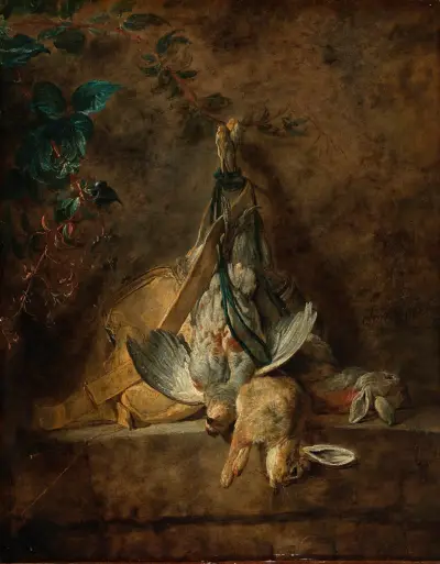 Stilleben med två harar, en grå rapphöna, jaktväska och kruthorn av Jean Siméon Chardin