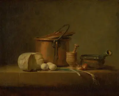 Still Life with Copper Pot, Cheese and Eggs av Jean Siméon Chardin
