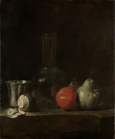 Still life with glass bottle and fruits av Jean Siméon Chardin