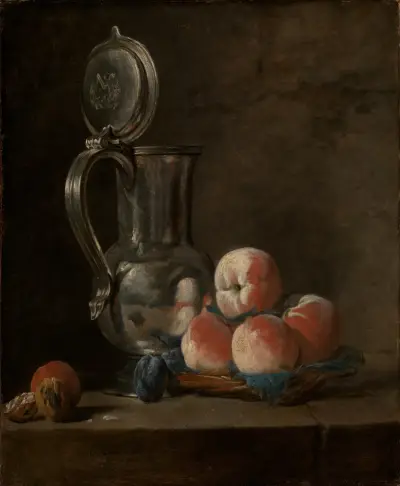 Still life with pewter jug and peaches av Jean Siméon Chardin