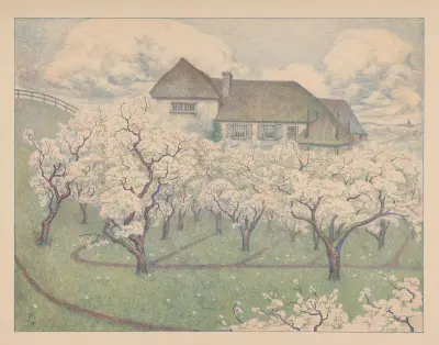 Gård med blommande fruktträdgård av Simon Moulijn