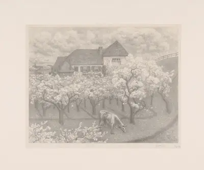 Boerderij met een bloeiende boomgaard von Simon Moulijn