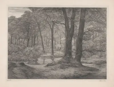 Skog med damm och liggande man av Simon Moulijn