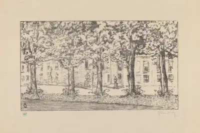 Gezicht op het bordes van Paleis Huis ten Bosch tussen een rij bomen Huis ten Bosch I av Simon Moulijn