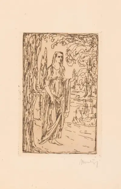 Vrouwenfiguur in landschap met cipressen von Simon Moulijn