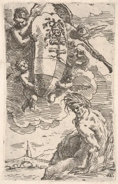 Allegory of the Foglia River and the city of Pesaro’s coat of arms, frontispiece for ‘Il Pesarese’ av Simone Cantarini