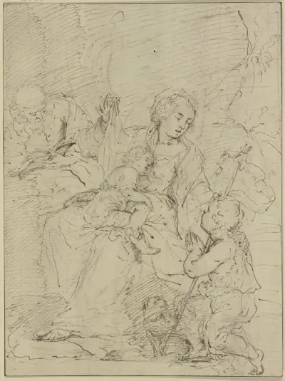 Die Heilige Familie, der Heilige Joseph liest in einem Buch, der Johannesknabe betet das Jesuskind an av Simone Cantarini