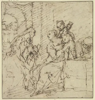 Die Heilige Familie mit der Heiligen Katharina av Simone Cantarini
