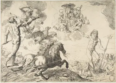 Jupiter, Neptune, and Pluto offering their crowns to the arms of Cardinal Borghese av Simone Cantarini
