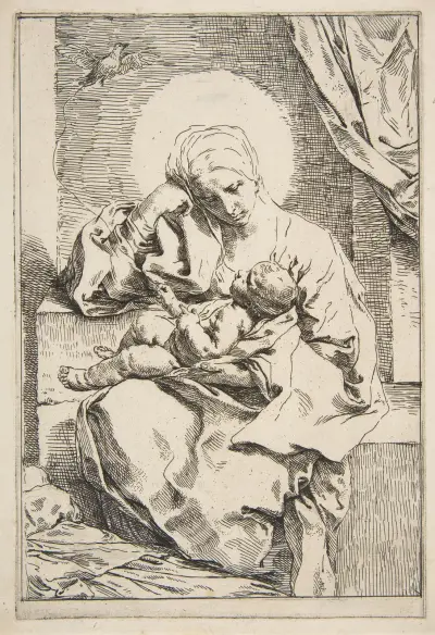 Madonna and Child with a bird av Simone Cantarini