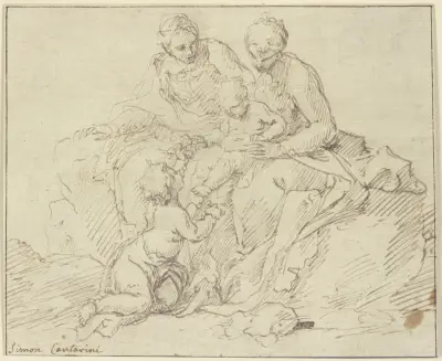 Maria und Elisabeth mit dem Jesuskind und dem Johannesknaben av Simone Cantarini