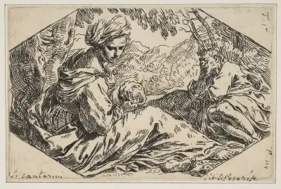 Repose in Egypt, Mary holding and looking at the infant Christ while St. Joseph sleeps av Simone Cantarini