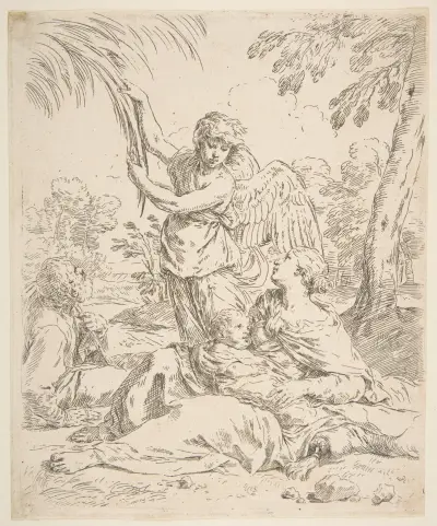 Repose in Egypt, Mary nursing the infant Christ while an angel pulls at tree branches av Simone Cantarini