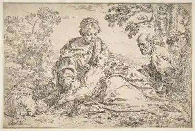 Rest on the flight into Egypt, Mary holding the infant Christ with St. Joseph at right av Simone Cantarini