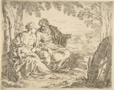 Rest on the flight into Egypt, Mary holding the infant Christ while St. Joseph points into the distance av Simone Cantarini