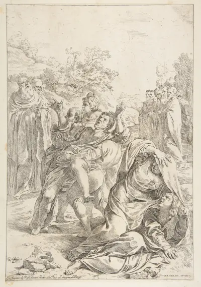 Saint Benedict exorcising a demon av Simone Cantarini
