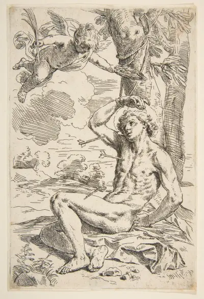 Saint Sebastian pierced with arrows and tied to a tree av Simone Cantarini