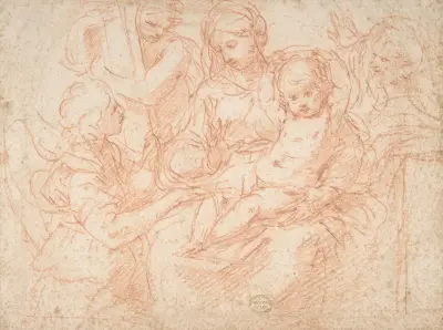 The Holy Family with Angels Bearing Symbols of the Passion av Simone Cantarini