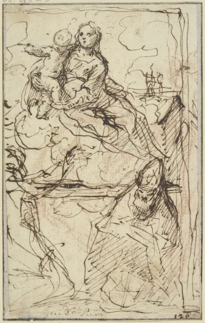 Thronende Madonna, vor ihr ein heiliger Bischof und ein weiterer Heiliger av Simone Cantarini