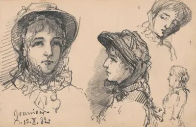 Porträttstudie av kvinna i hatt, troligen Klementyna Krassowska i olika vinklar, samt kvinnofigur av Anna Bilińska-Bohdanowicz