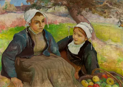 Two Breton women with a basket of apples av Władysław Ślewiński