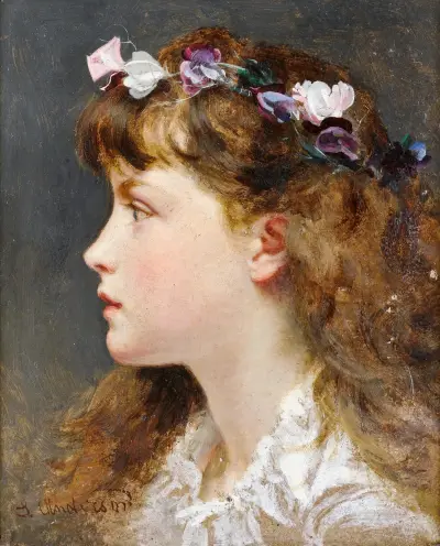 A young girl with a garland of flowers in her hair av Sophie Anderson